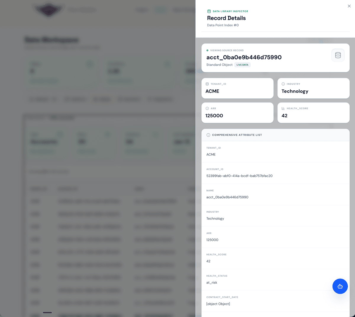 Gran Minerva Record Details showing customer health score and risk factors