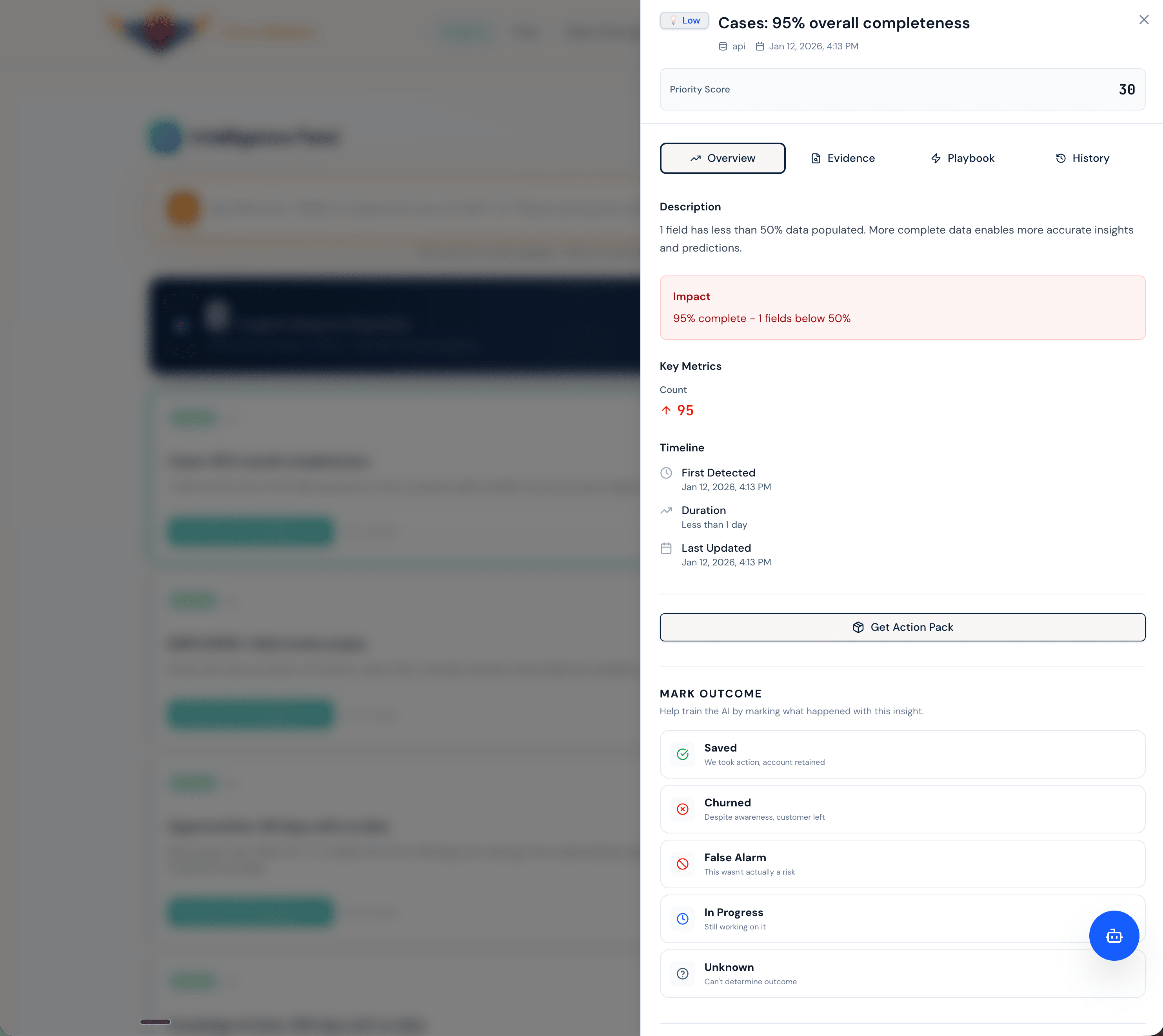 Gran Minerva Intelligence Feed showing customer health insights and actionable recommendations
